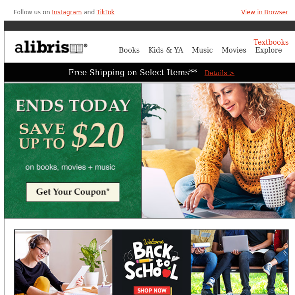 Last Day to Save up to $20, Alibris