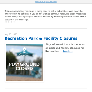 Recreation Park & Facility Closures