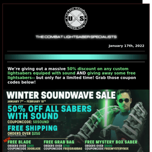 Huge 50% off savings on any custom lightsaber with sound, free Mystery Boxes & more in the Winter Soundwave Sale!