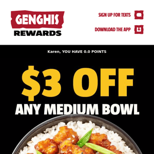 Ready for Lunch?👀 Get $3 OFF Your Bowl, Genghis Grill!🥡😋🍚