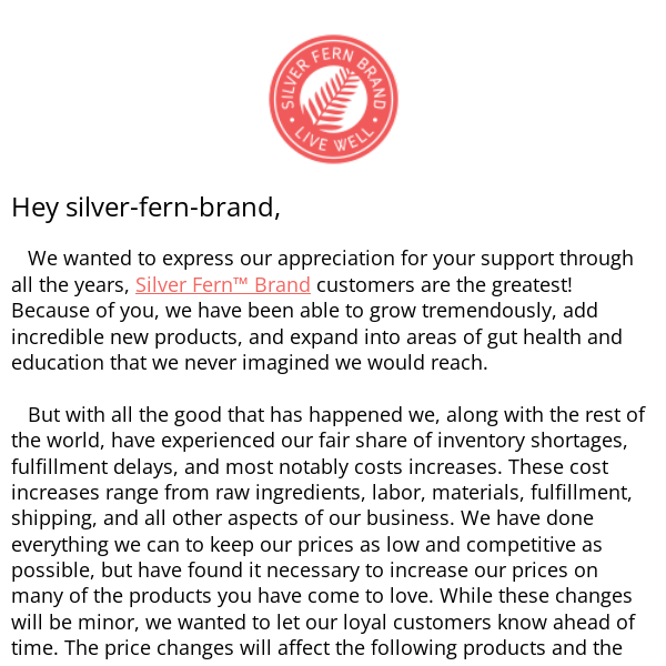 Important Information on Pricing at SilverFernBrand.com