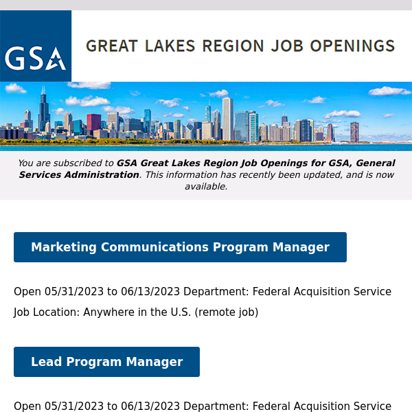 New/Current Job Opportunities in the GSA Great Lakes Region