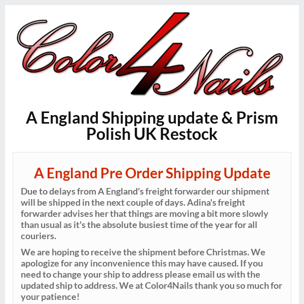 Prism Polish UK Final Restock + A England Pre Orders Shipping Update