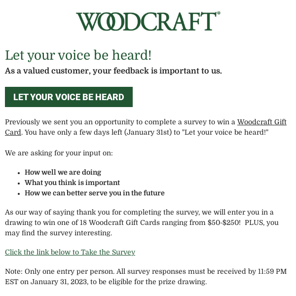 Last Chance to Win a Woodcraft Gift Card for Your Input