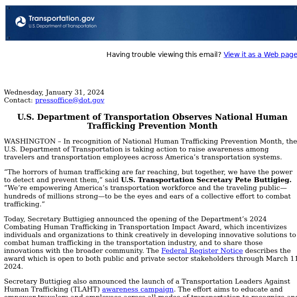 U.S. Department of Transportation Observes National Human Trafficking Prevention Month