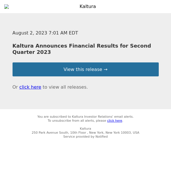 Kaltura Announces Financial Results for Second Quarter 2023