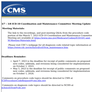 3/7 – 3/8 ICD-10 Coordination and Maintenance Committee Meeting Update