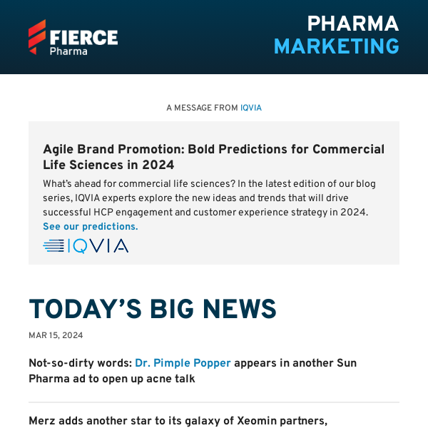 | 03.15.24 | Sun Pharma taps Dr. Pimple Popper for new spot; Merz teams with Demi Lovato in latest campaign for Botox rival