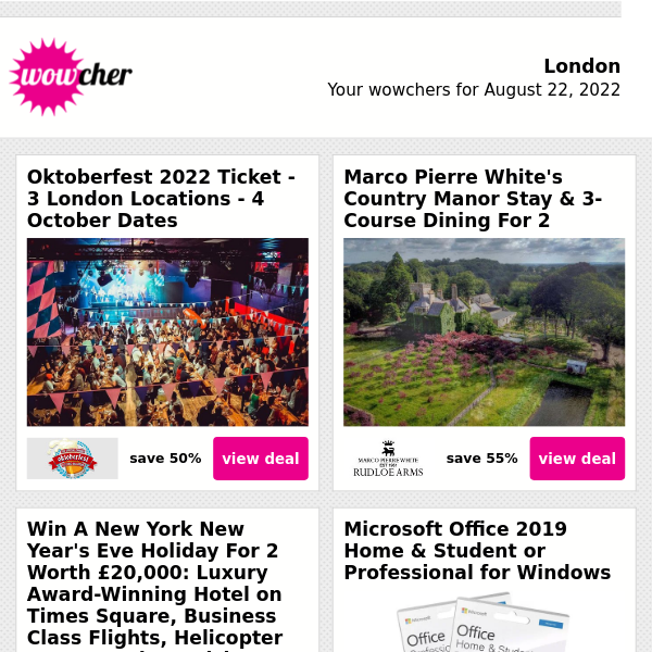 Oktoberfest Ticket £10 | Marco Pierre White's Country Manor For 2 | Win A Luxury New York NYE Holiday! | Microsoft Office Home & Student 2019 £24.99  | Bannatyne Spa & Treatments £42.50