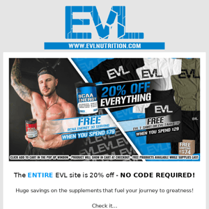 20% OFF SITEWIDE 👋 FREE BCAA Energy & More @ $79!