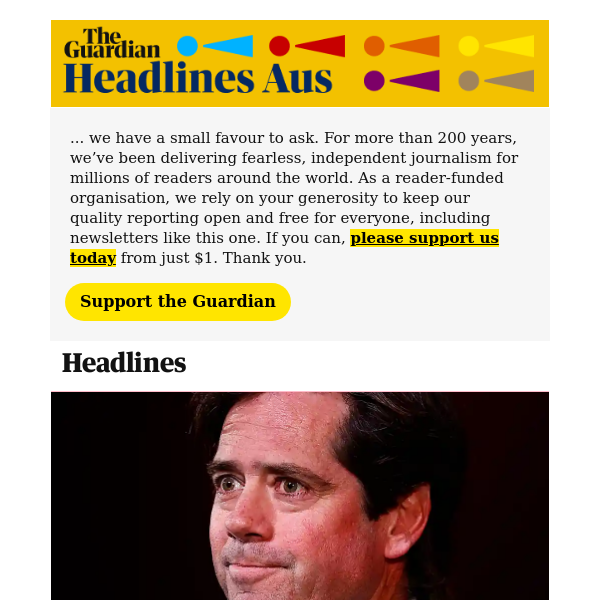 The Guardian Headlines: News live: ‘probably too much’ gambling promotion in AFL, CEO admits; US approves sale of up to 220 cruise missiles to Australia