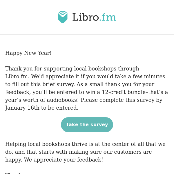 Take our survey for your chance to win 12 audiobook credits!