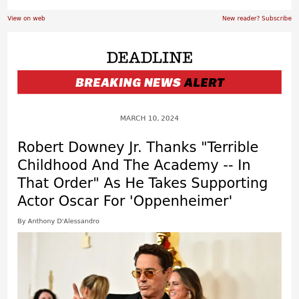 Robert Downey Jr. Thanks Terrible Childhood And The Academy -- In That  Order As He Takes Supporting Actor Oscar For 'Oppenheimer' - Deadline  Hollywood