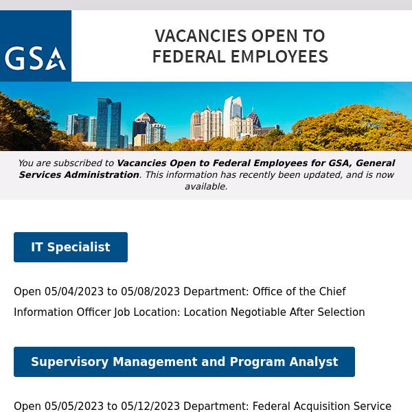 New/Current Job Opportunities at GSA Open to All Federal Employees & Special Appointment Eligibles