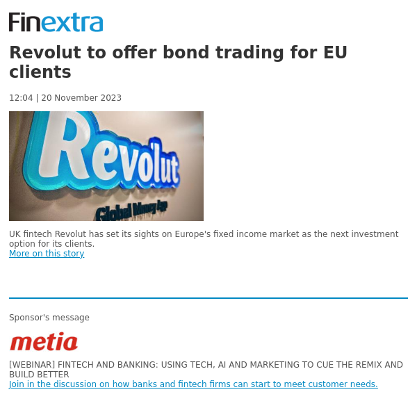 Finextra News Flash: Revolut to offer bond trading for EU clients