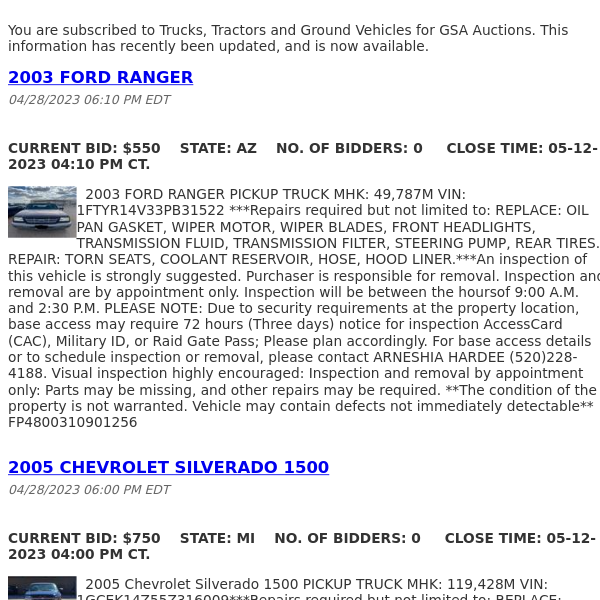 GSA Auctions Trucks, Tractors and Ground Vehicles Update