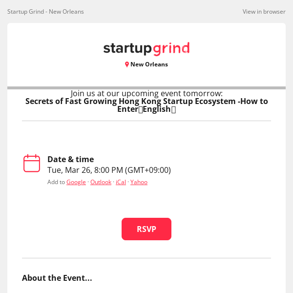 Event Tomorrow: Secrets of Fast Growing Hong Kong Startup Ecosystem -How to Enter〈English〉