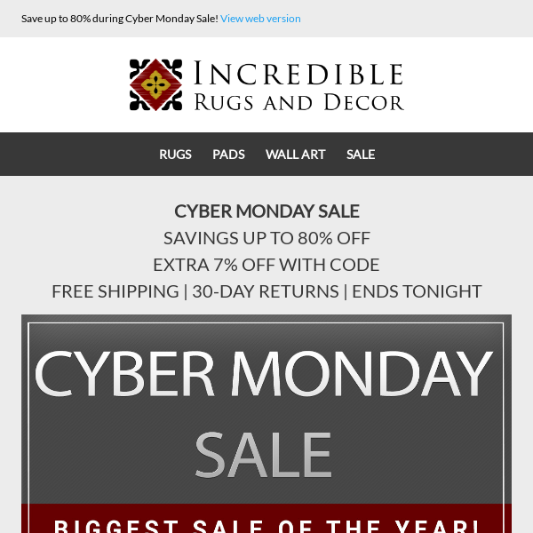 Cyber Monday Sale is now! Save up to 80% off with free shipping and extra 7% off with code.