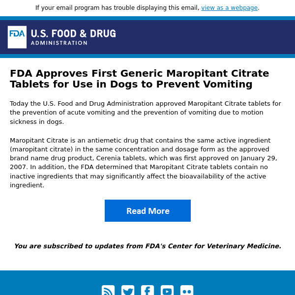 FDA Approves First Generic Maropitant Citrate Tablets for Use in Dogs to Prevent Vomiting
