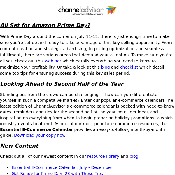 ChannelAdvisor Newsletter: Prime Day Prep | New E-Commerce Calendar: July - December