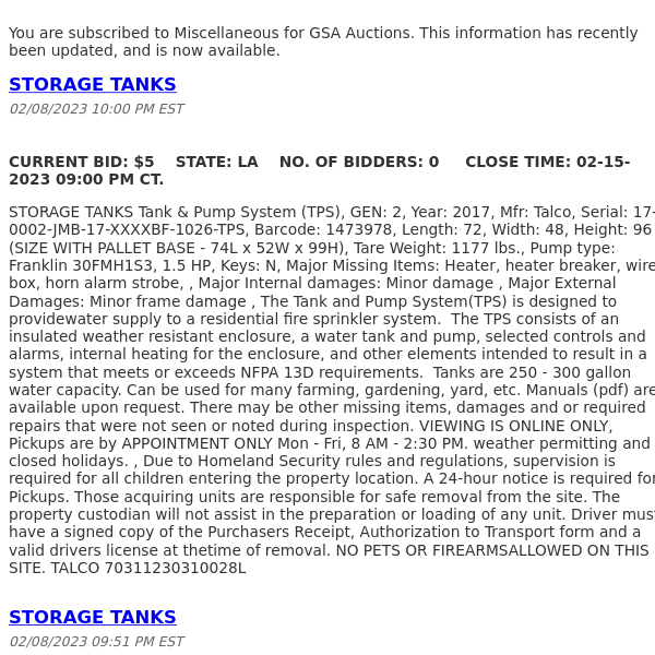 GSA Auctions Miscellaneous Update