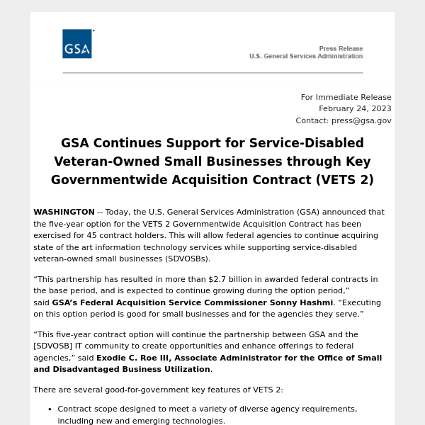 CORRECTION - RELEASE: GSA Continues Support for Service-Disabled Veteran-Owned Small Businesses through Key Governmentwide Acquisition Contract (VETS 2)