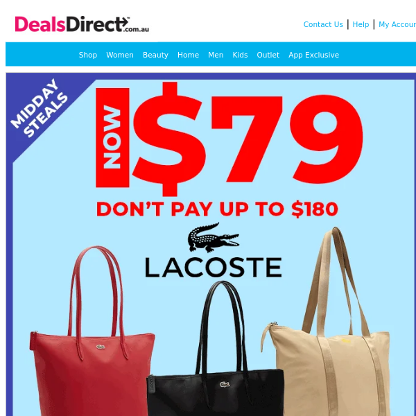 NOW $79 - Lacoste Totes & Shopping Bags + More Midday Steals Inside!