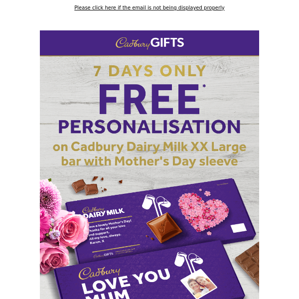 Hey, FREE personalisation on Dairy Milk Mother's Day Bar!