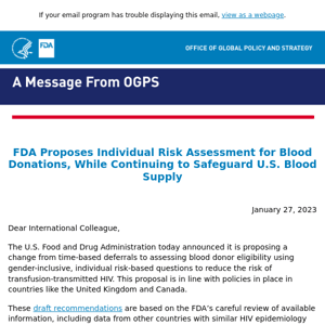 FDA Proposes Individual Risk Assessment for Blood Donations, While Continuing to Safeguard U.S. Blood Supply