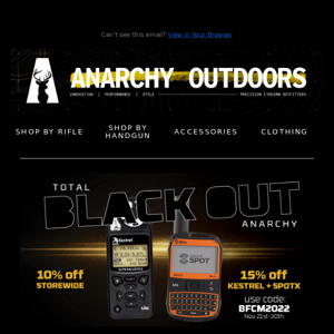 Anarchy Black Friday Deal Drop- 15% off Kestrel and SpotX