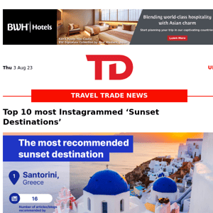 Consumers to spend 28% more on travel over the next 12 months: Outpayce | Double the amount of content now available on board British Airways | From Bali to Santorini, the world’s most Instagrammed sunset destinations are revealed in new research