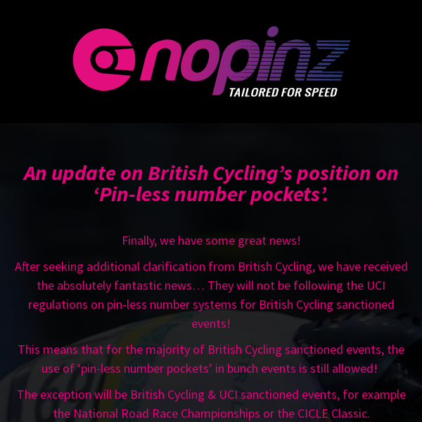 An update on British Cycling’s position on ‘Pin-less number systems’
