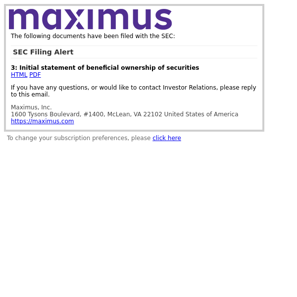 SEC Filing Alert for Maximus, Inc.
