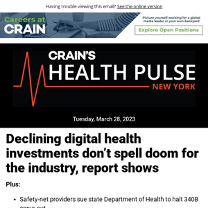 Health Pulse: Declining digital health investments don't spell doom for the industry, report shows