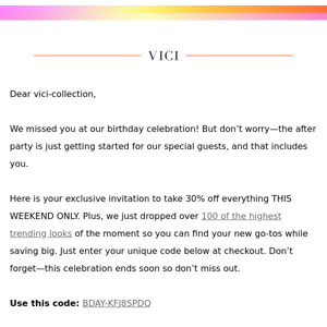 Vici Collection, You’re Invited To The After Party With 30% Off