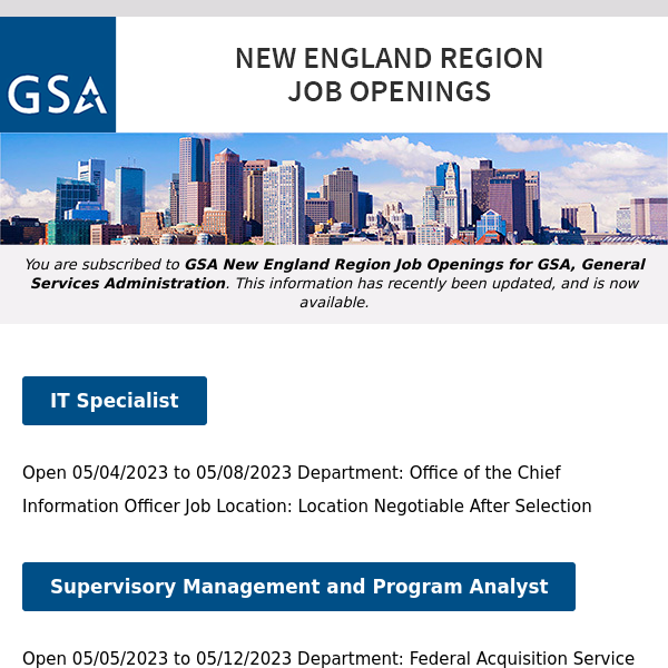 New/Current Job Opportunities in the GSA New England Region