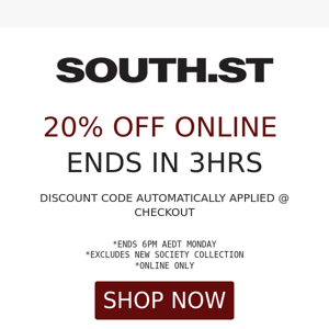 20% OFF ENDS IN 3HRS