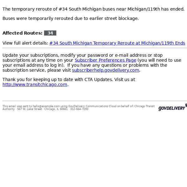 #34 South Michigan Temporary Reroute at Michigan/119th Ends