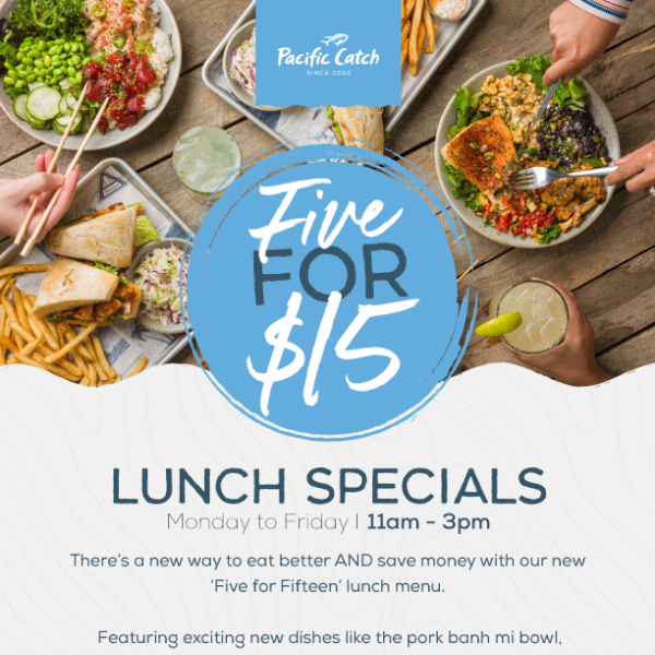 Five delicious specials. For just $15. Every weekday lunch.