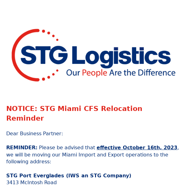 NOTICE: STG Miami CFS Relocation Reminder