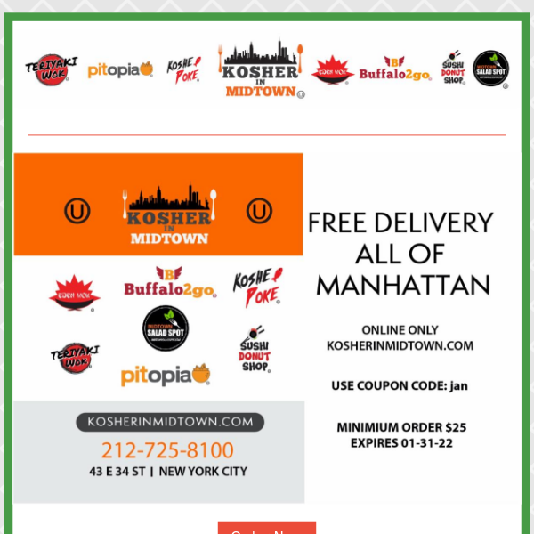 Kosher In Midtown- Free Delivery To All Manhattan W Coupon