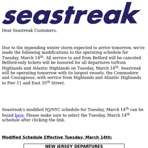 Seastreak NJ/NYC Modified Schedule Tuesday, March 14, 2023