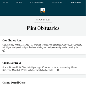 Today's Flint obituaries for March 10, 2023