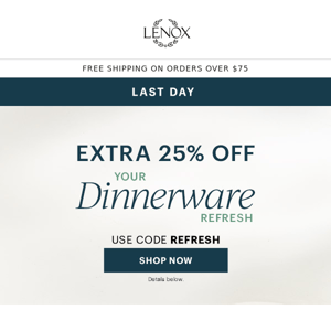 Last Day! 25% Off Dinnerware