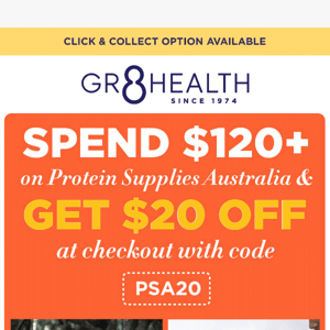 Spend $120 or more on Protein Supplies Australia products and get $20 off at checkout