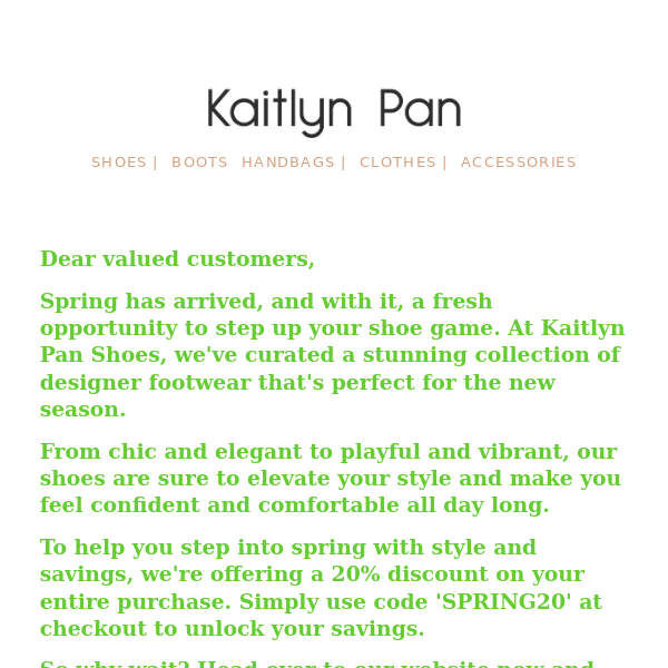 Step into Spring with Style and Savings from Kaitlyn Pan Shoes - Get 20% off!