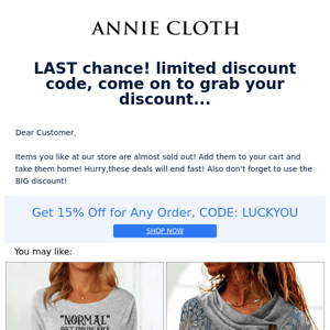 LAST chance! limited discount code, come on to grab your discount...
