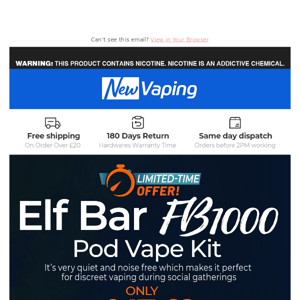 15.99 Elf Bar FB1000 Kit, Elux Bar from 3.5. 20% off for All Pre-orders! E-liquid Deals From 99P ! 3.33 Eleven Bar