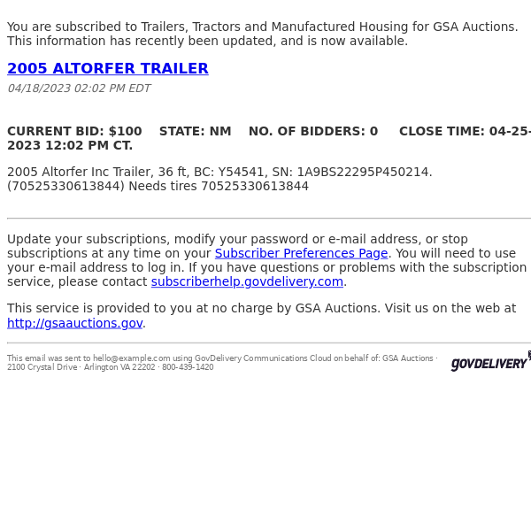 GSA Auctions Trailers, Tractors and Manufactured Housing Update