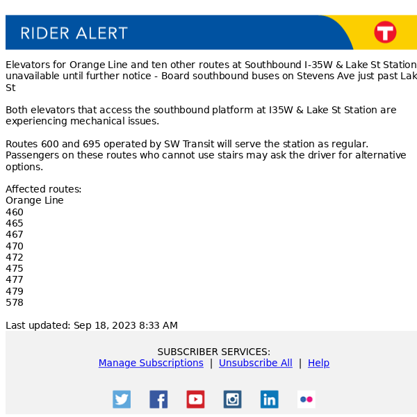 Update: I-35W & Lake St Station - Stop #17781 (southbound) elevator unavailable